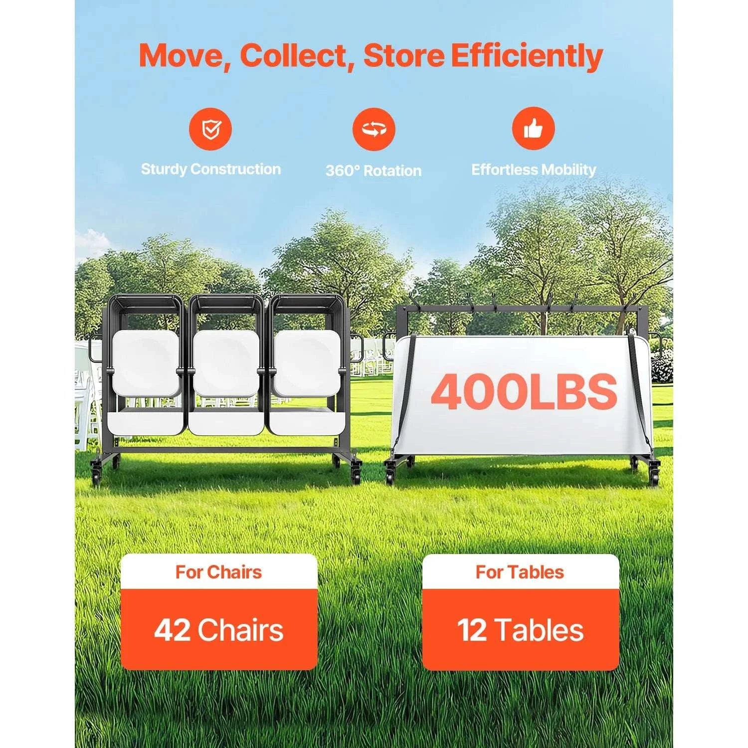 400lbs Folding Chair Storage Cart with Wheels for 42 Chairs-400LBS / United States
