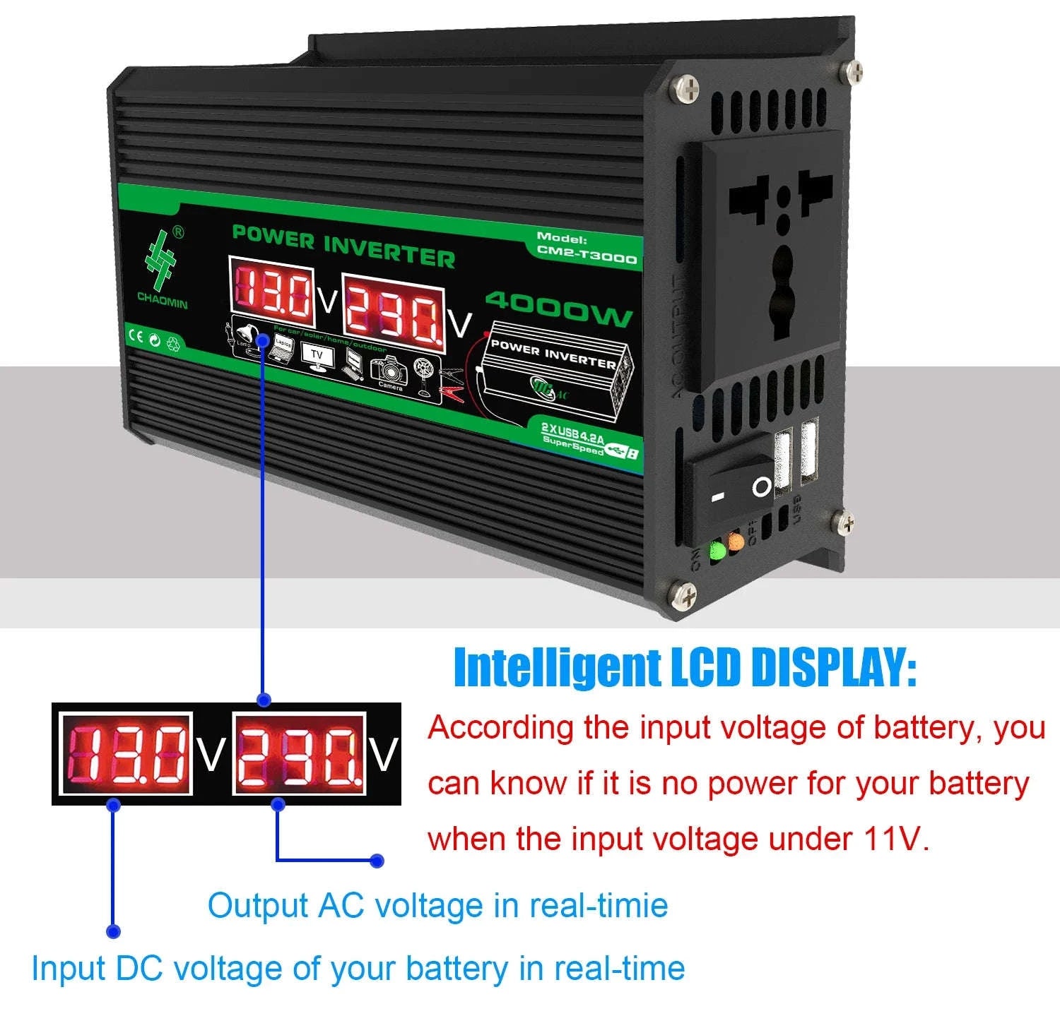 400W DC 12V to AC 110V/220V Dual USB Power Inverter-AC 220V