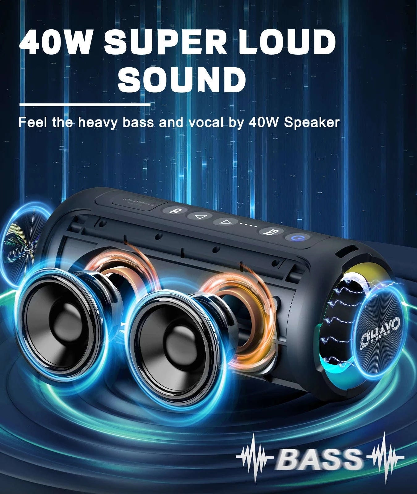 40W Waterproof Bluetooth Speaker with Deep Bass, Lights & 30H Playtime-Blue