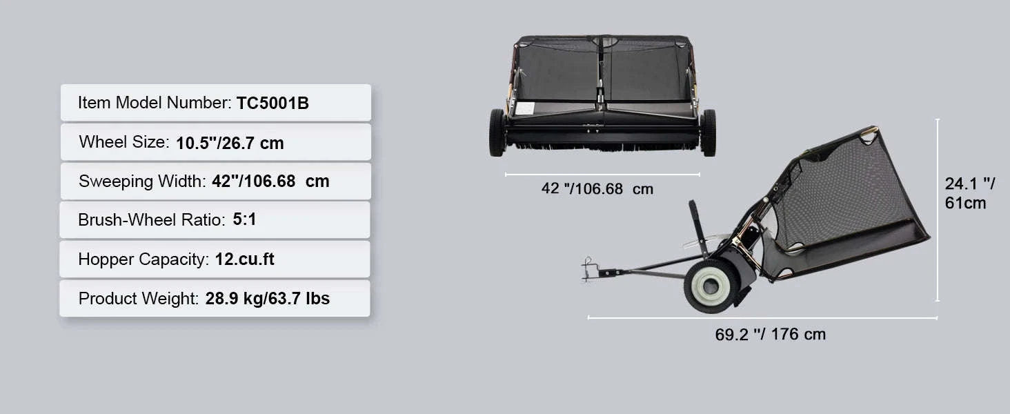 42-Inch Tow-Behind Lawn Sweeper, 12 cu.ft. Leaf and Grass Collector-Germany