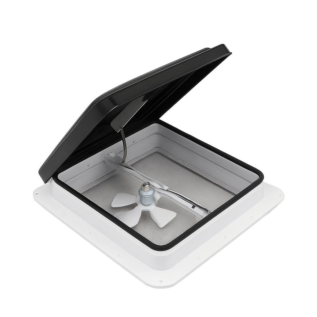 Ventilação de Teto para Autocaravana 420x420mm, Claraboia Quadrada com Janela de Empurrar-Puxar, Ventilador de Exaustão com Rede Anti-insetos