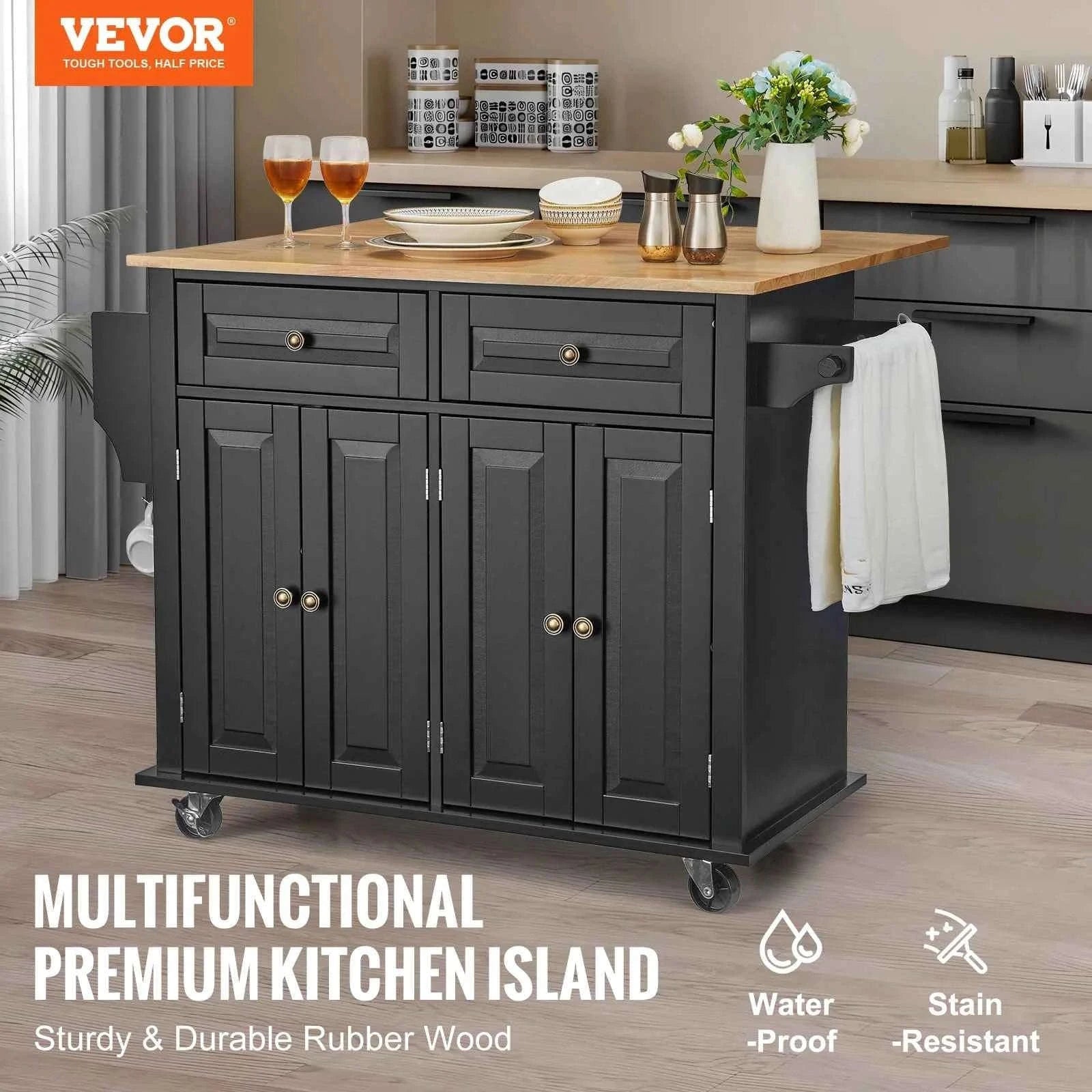 43-Inch Kitchen Island Cart with Wood Top, Storage Cabinet, Drop Leaf, Spice Rack and Towel Bar-black / spain