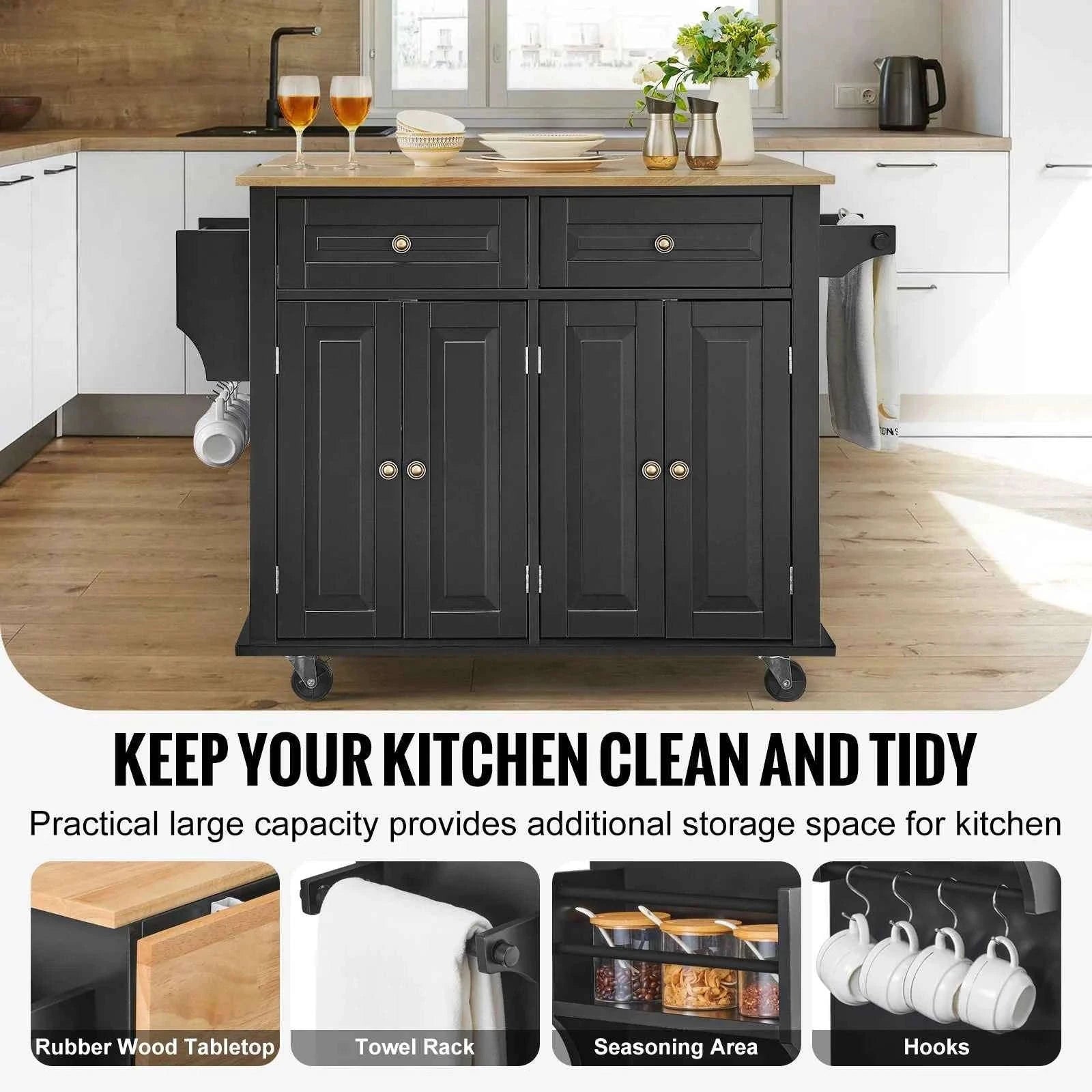 43-Inch Kitchen Island Cart with Wood Top, Storage Cabinet, Drop Leaf, Spice Rack and Towel Bar-black / spain
