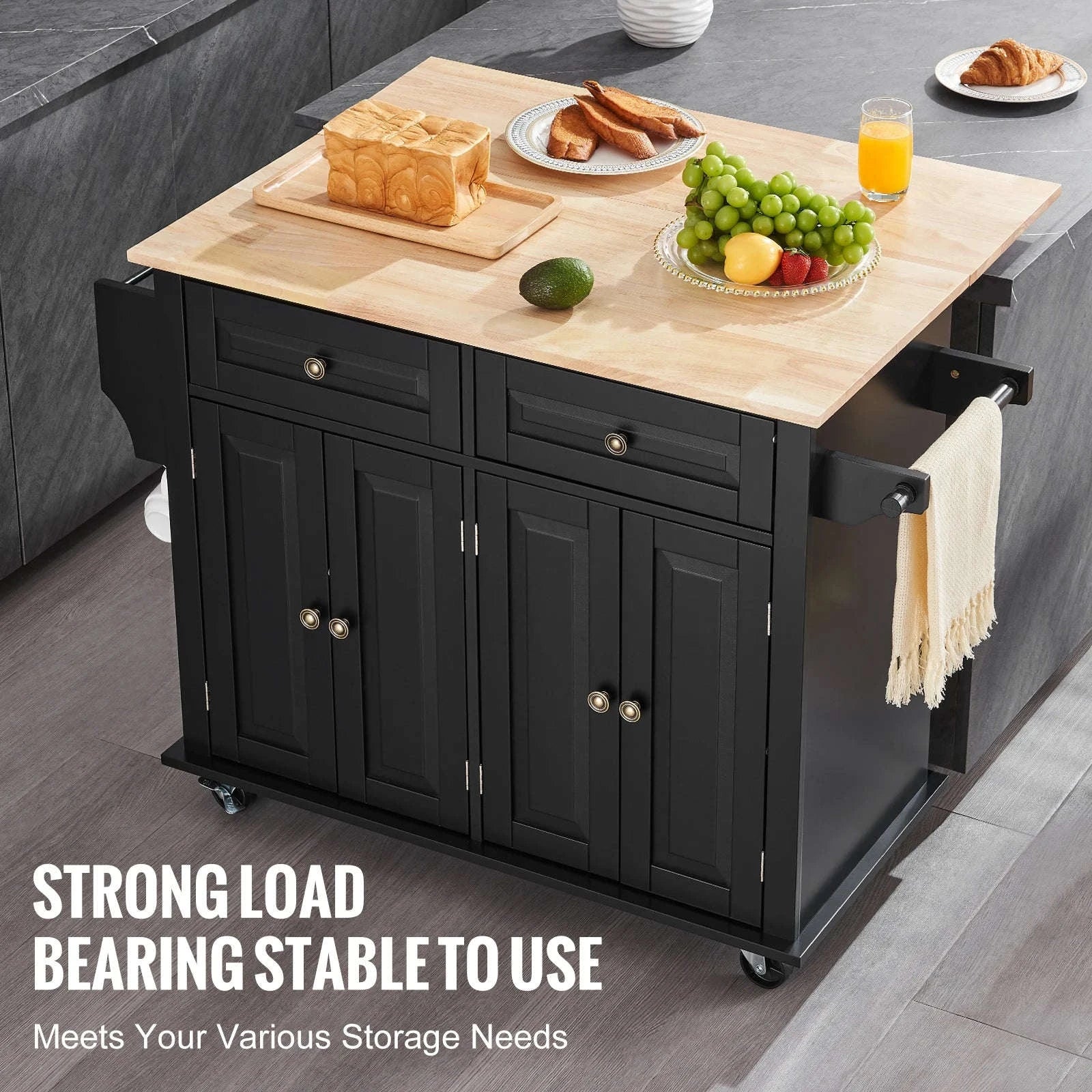 43-Inch Kitchen Island Cart with Wood Top, Storage Cabinet, Drop Leaf, Spice Rack and Towel Bar-black / spain