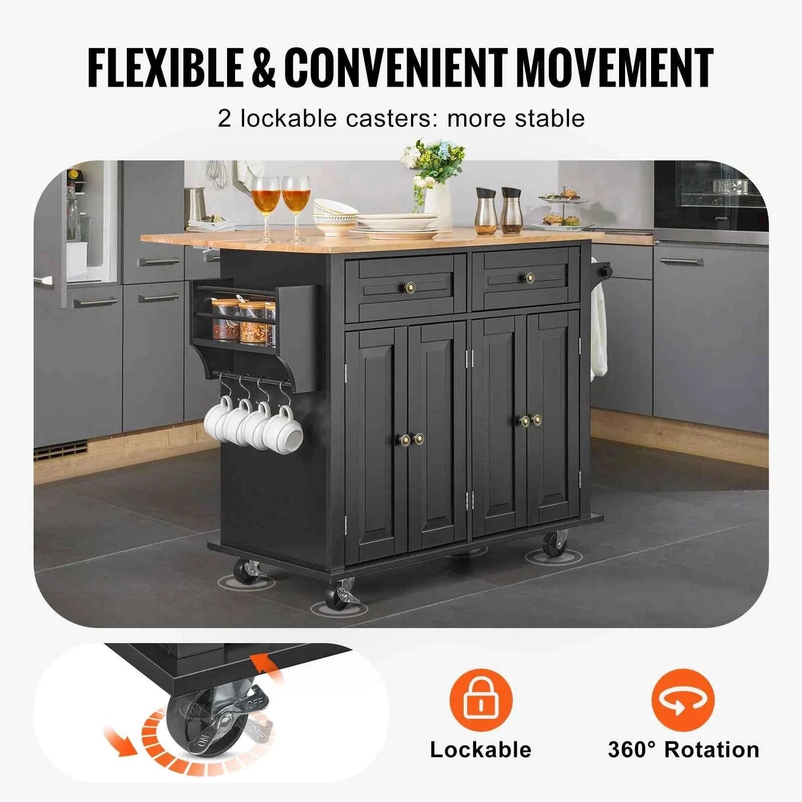 43-Inch Kitchen Island Cart with Wood Top, Storage Cabinet, Drop Leaf, Spice Rack and Towel Bar-black / spain