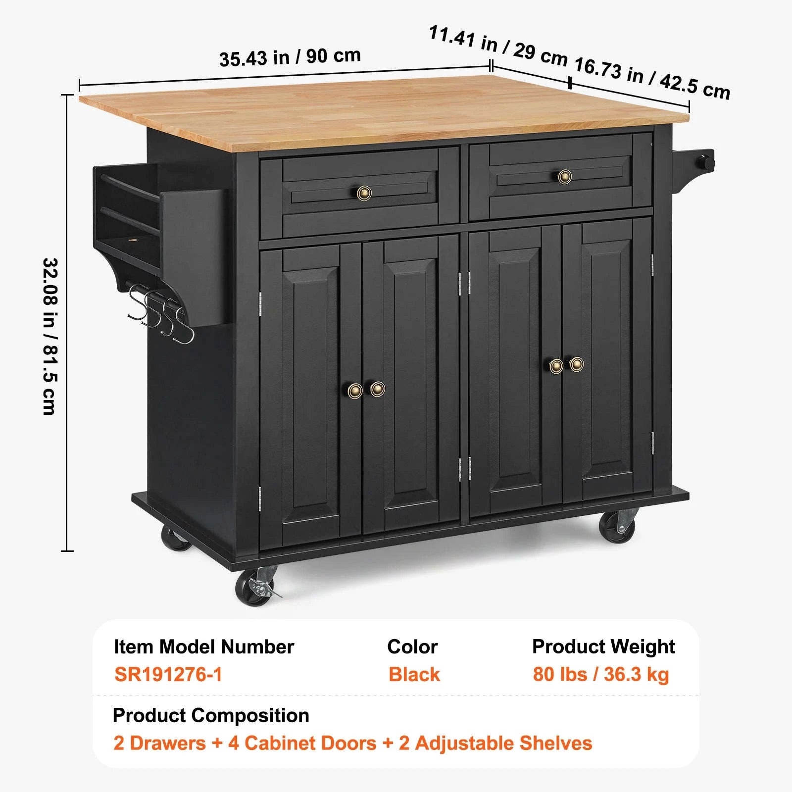 43-Inch Kitchen Island Cart with Wood Top, Storage Cabinet, Drop Leaf, Spice Rack and Towel Bar-black / spain