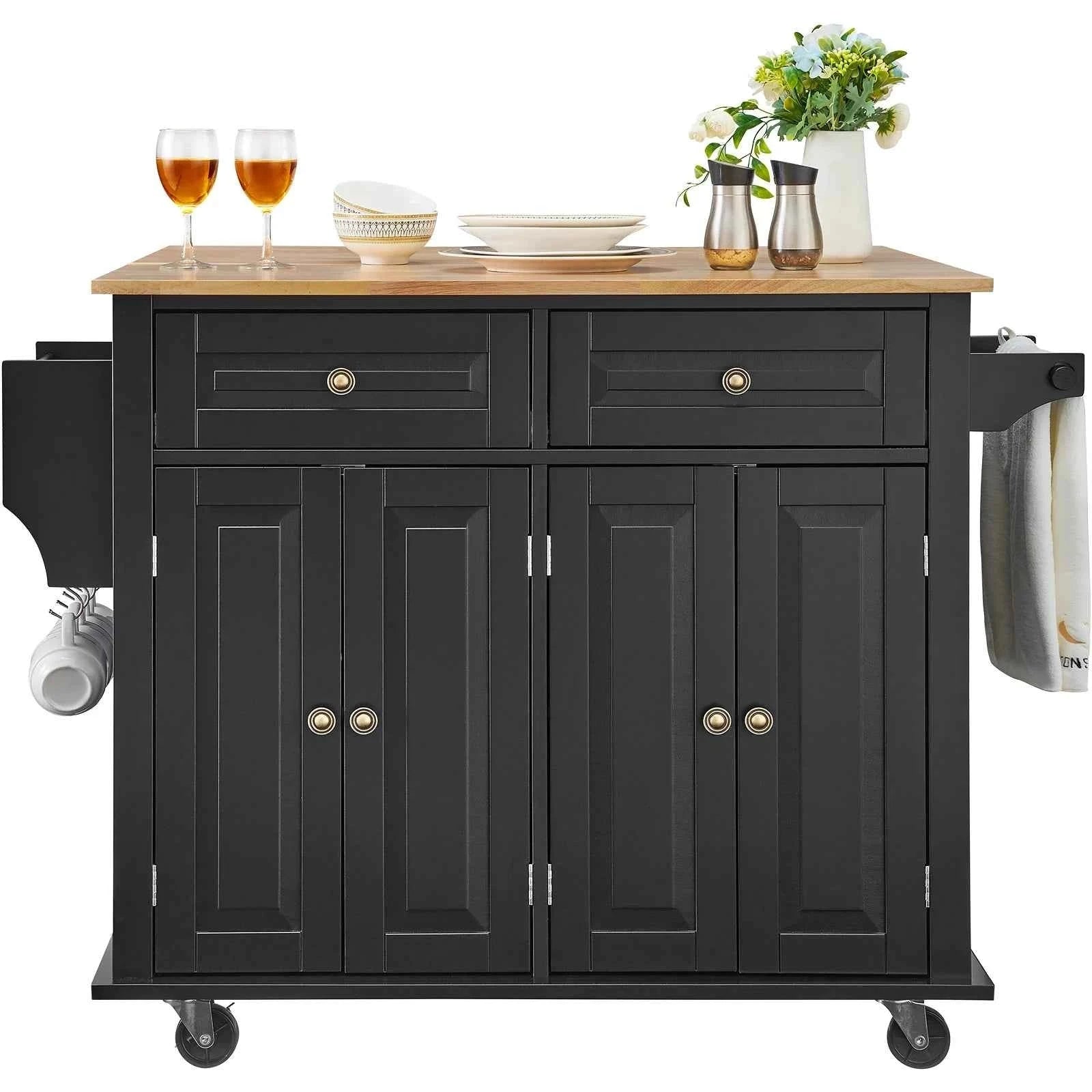 43-Inch Kitchen Island Cart with Wood Top, Storage Cabinet, Drop Leaf, Spice Rack and Towel Bar-black / spain