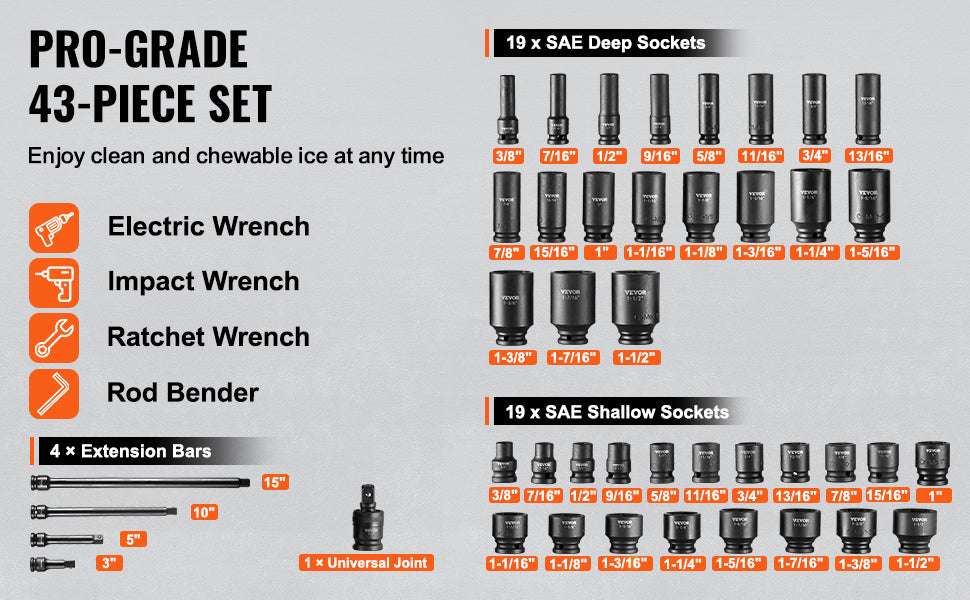 43-Piece 1/2" Drive Impact Socket Set SAE Deep & Shallow-United States