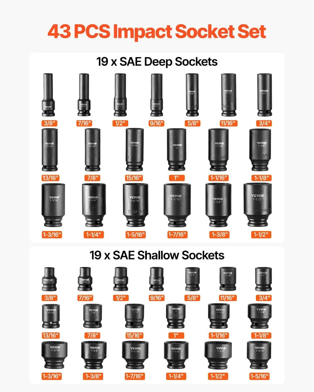 43-Piece 1/2" Drive Impact Socket Set SAE Deep & Shallow-