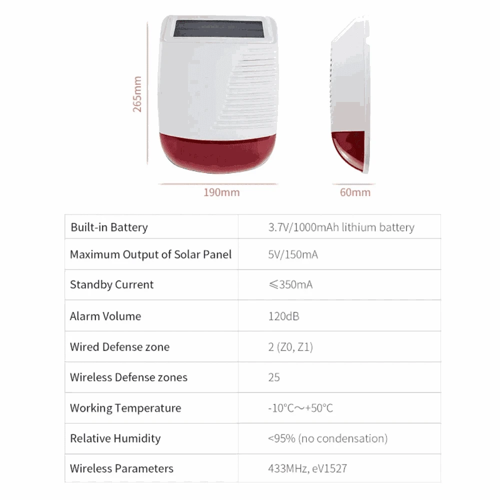 433MHz Outdoor Solar Wireless Siren for Perimeter Security-Red