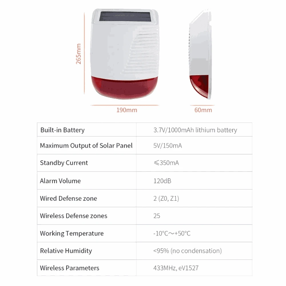 433MHz Outdoor Solar Wireless Siren for Perimeter Security-Red