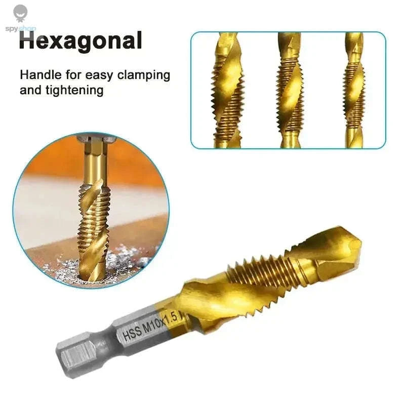 4341 Titanium Plated Tap Drill & Chamfer Tool Set-6pc Gold Short / Hexagon handle