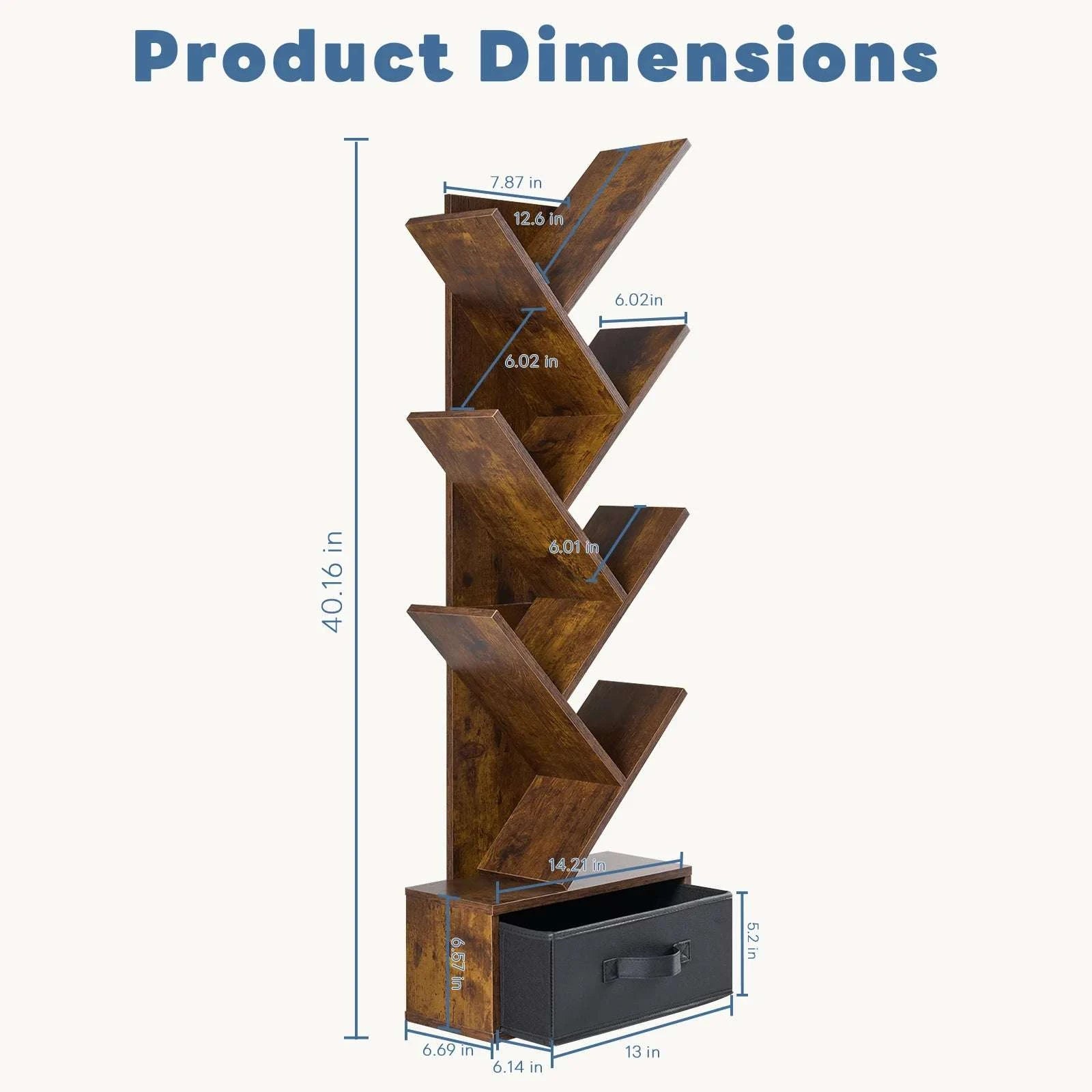 43in Tree Bookshelf with Drawer Slim 7-Tier Corner Bookcase-Rust / United States