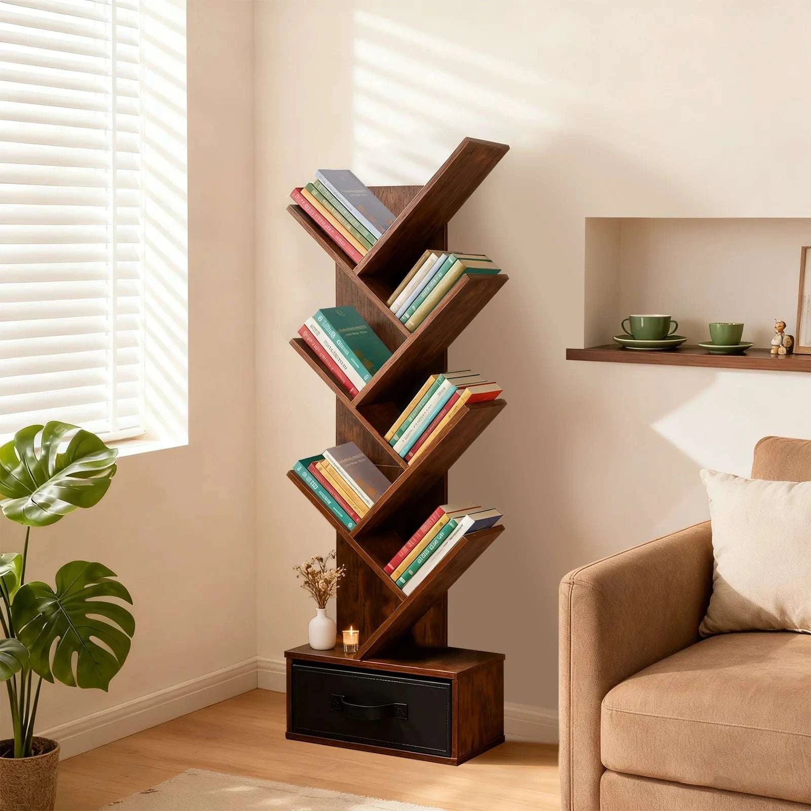 43in Tree Bookshelf with Drawer Slim 7-Tier Corner Bookcase-Rust / United States
