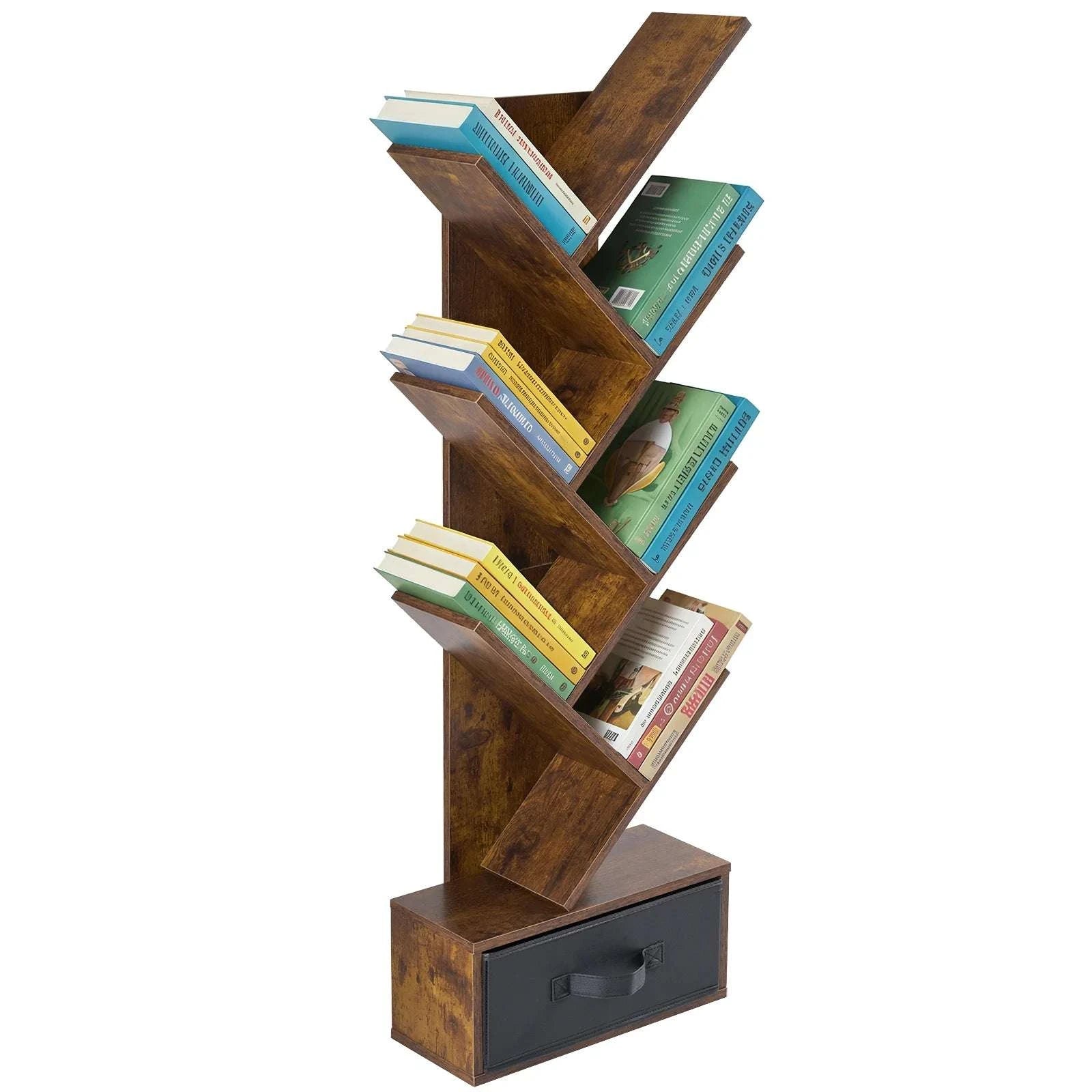 43in Tree Bookshelf with Drawer Slim 7-Tier Corner Bookcase-Rust / United States