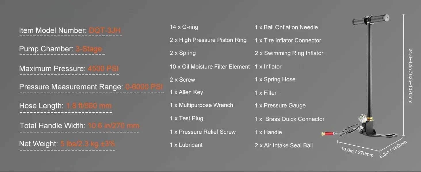 4500 PSI 3-Stage PCP Hand Pump with Gauge for Air Guns & Tires-4500 PSI Silver / United States / US