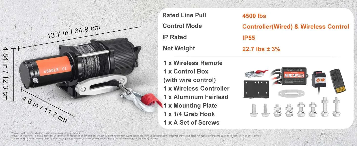4500lb Electric Winch with Wireless Remote for ATV UTV Truck-Nylon rope / United States