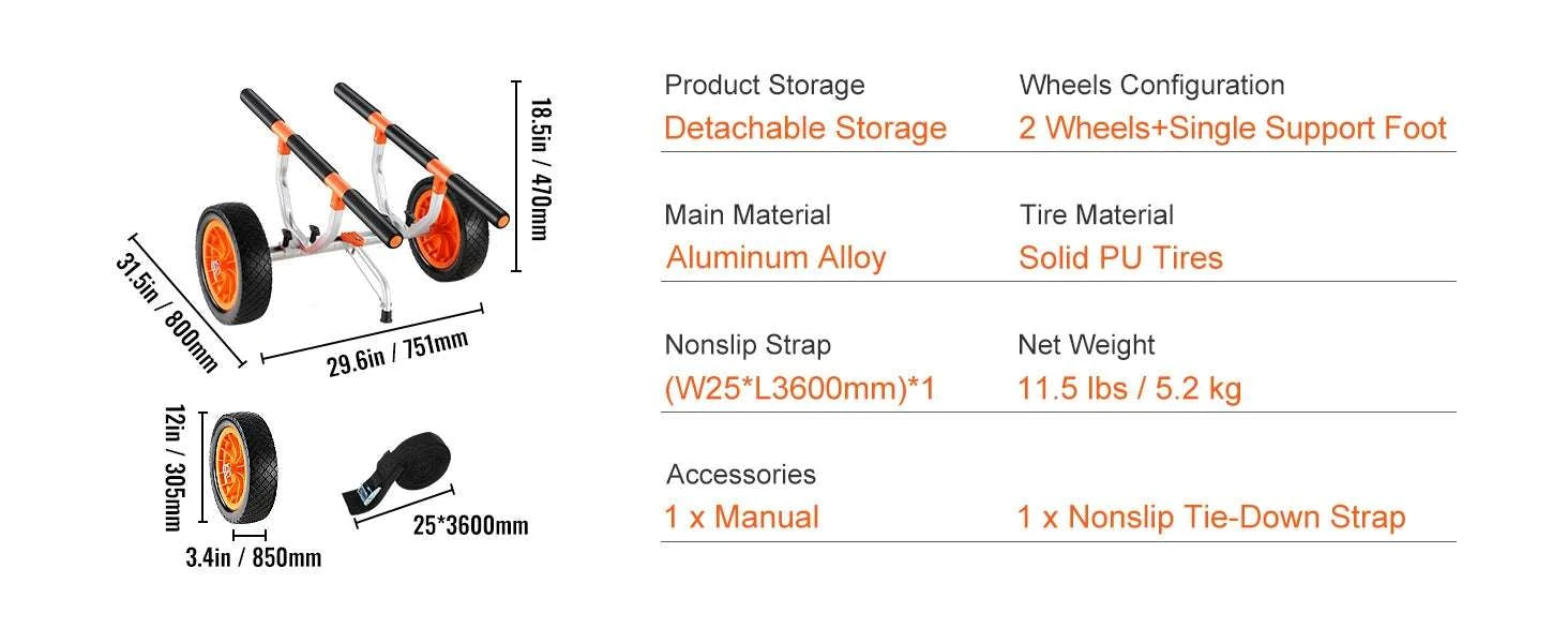 450lbs Kayak Cart with 12'' Solid Tires & Adjustable Width-GERMANY