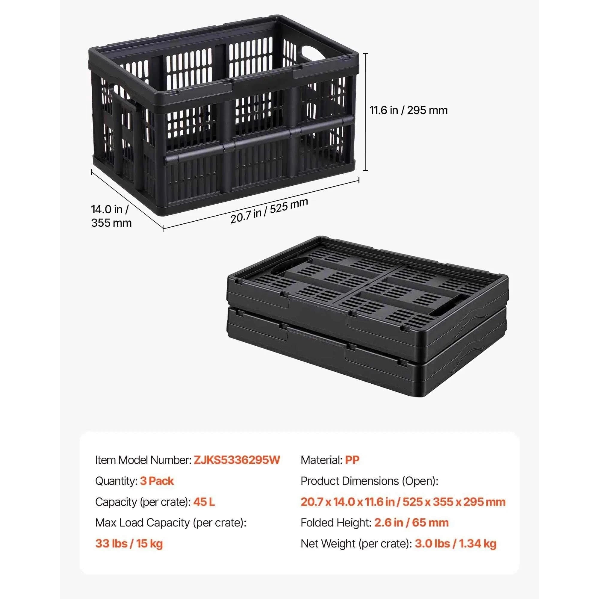 45L Collapsible Storage Bins 3-Pack Stackable Folding Crates-45L / United States