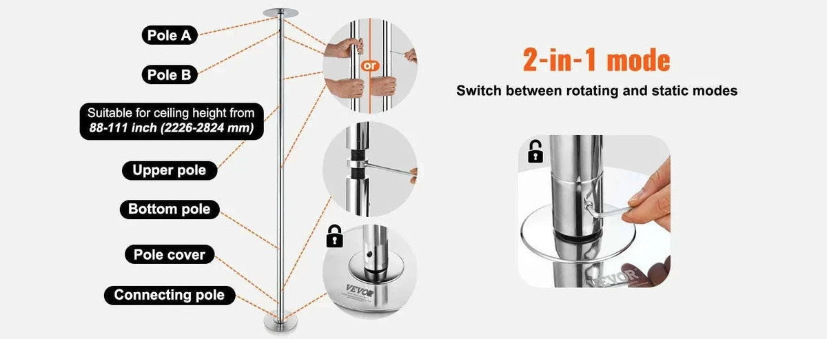 45mm Spinning & Static Dance Pole Kit Adjustable 88–111 Inches-CZECH REPUBLIC / 86x104in