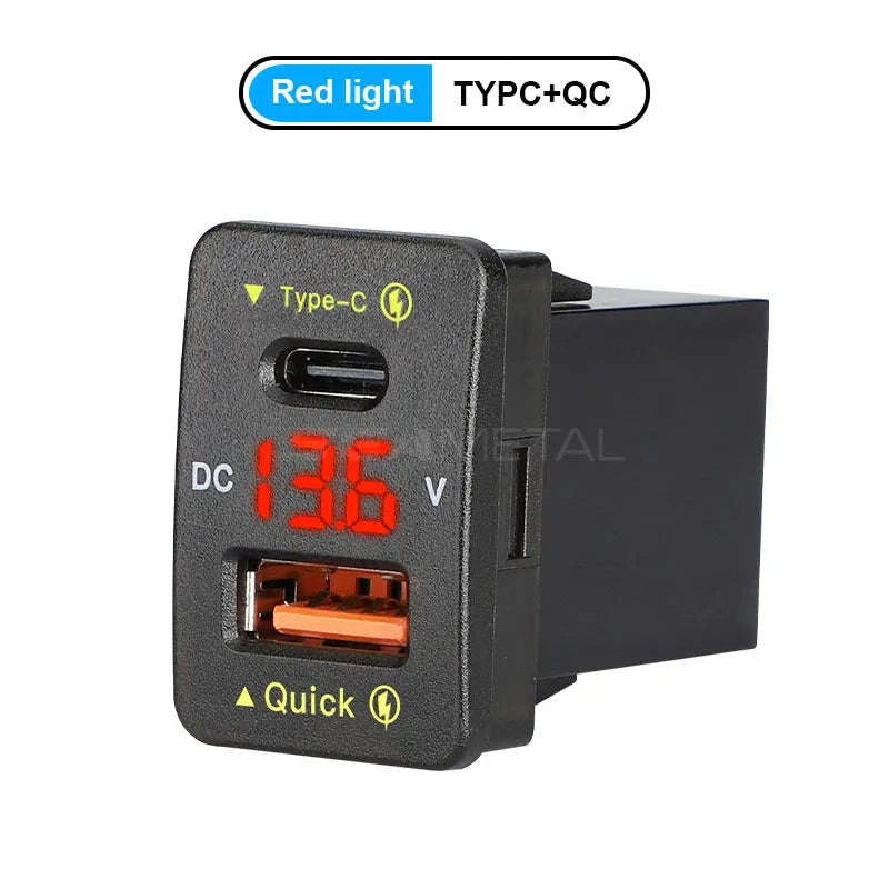 45W USB Car Charger with Voltage Display for Toyota-Type-C Red