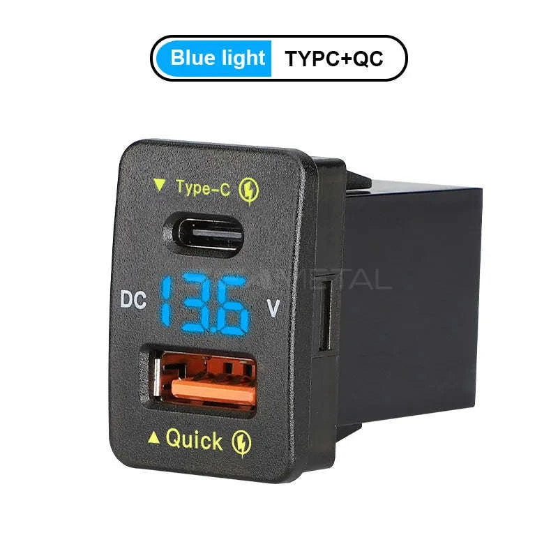 45W USB Car Charger with Voltage Display for Toyota-Type-C Red
