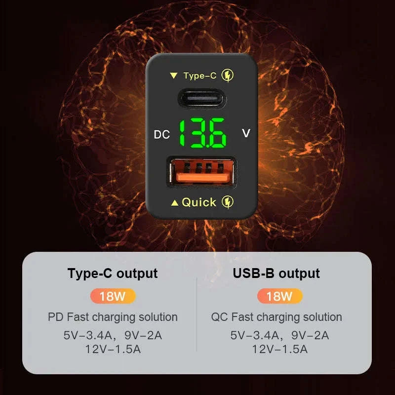 45W USB Car Charger with Voltage Display for Toyota-Type-C Red