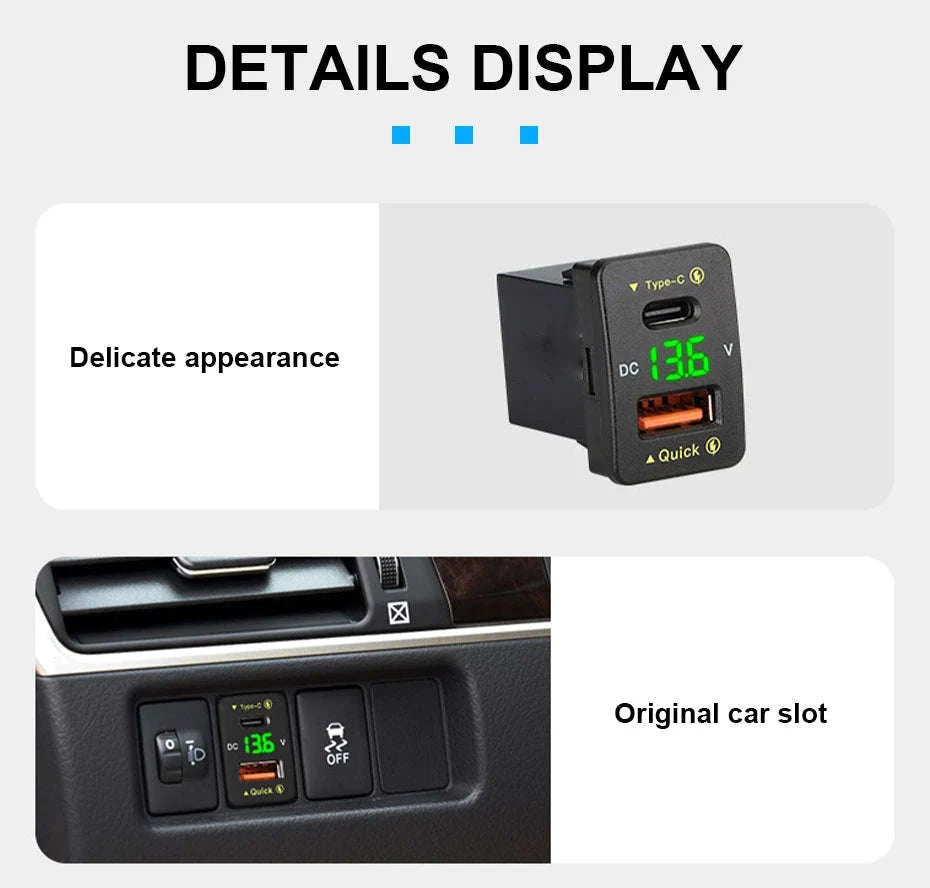 45W USB Car Charger with Voltage Display for Toyota-Type-C Red