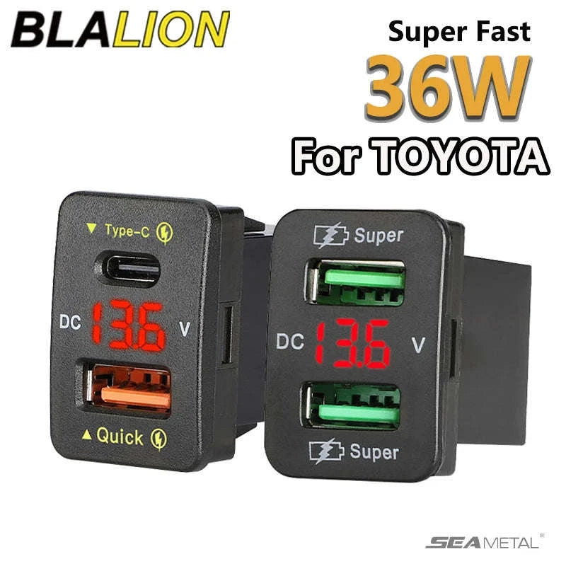45W USB Car Charger with Voltage Display for Toyota-Type-C Red