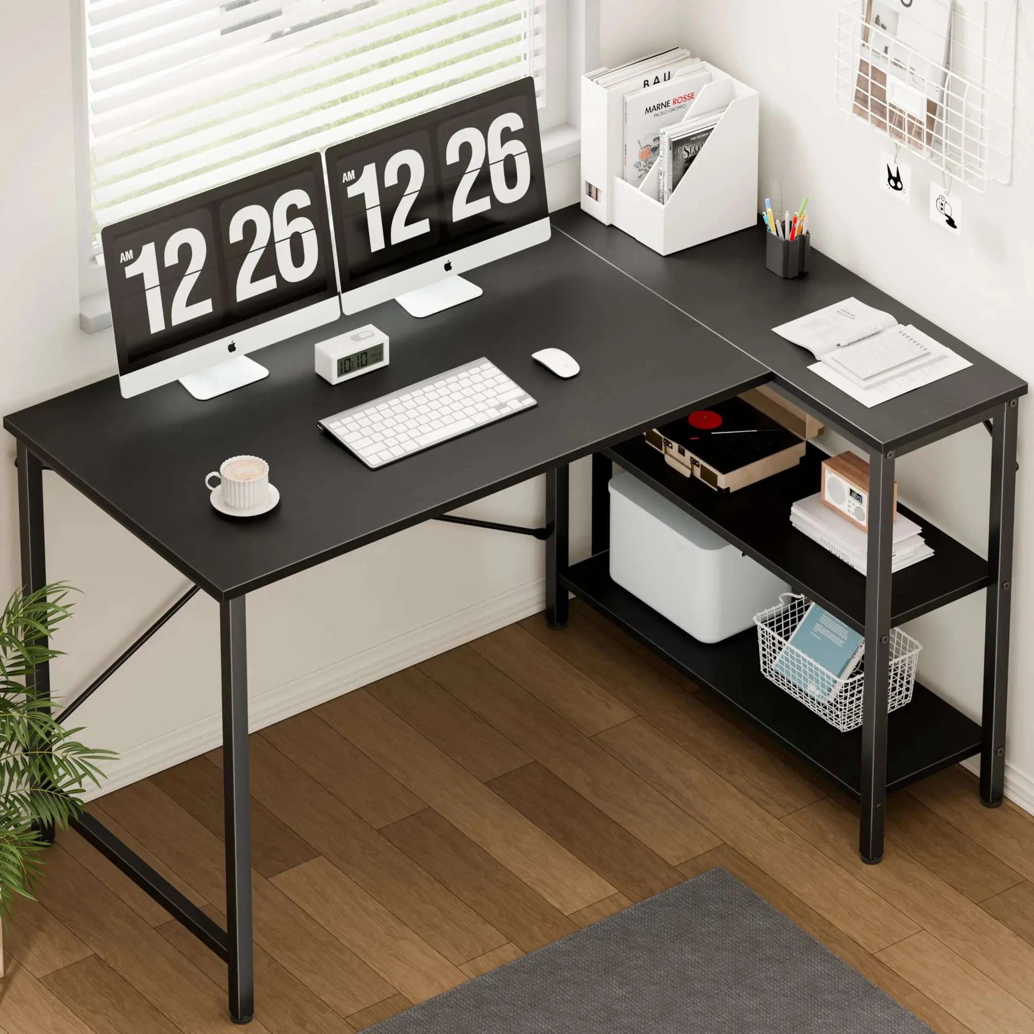 47 Inch L-Shaped Computer Desk with Reversible Storage Shelves-Black / United States