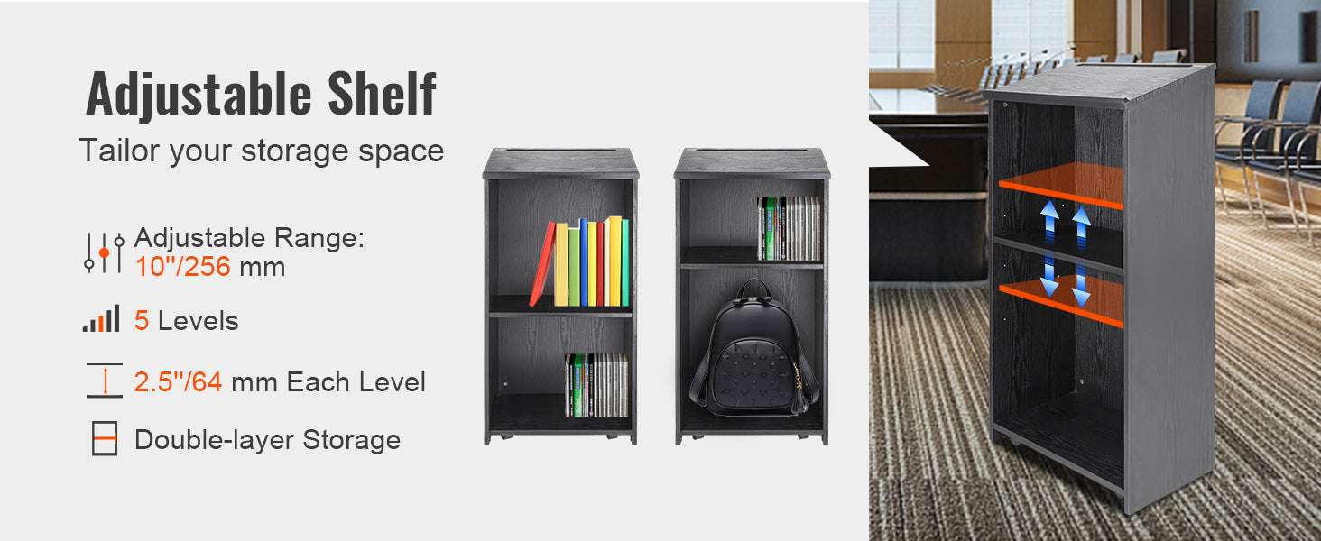 47" Rolling Podium Stand with Shelves and Tilted Desktop-Black / United States