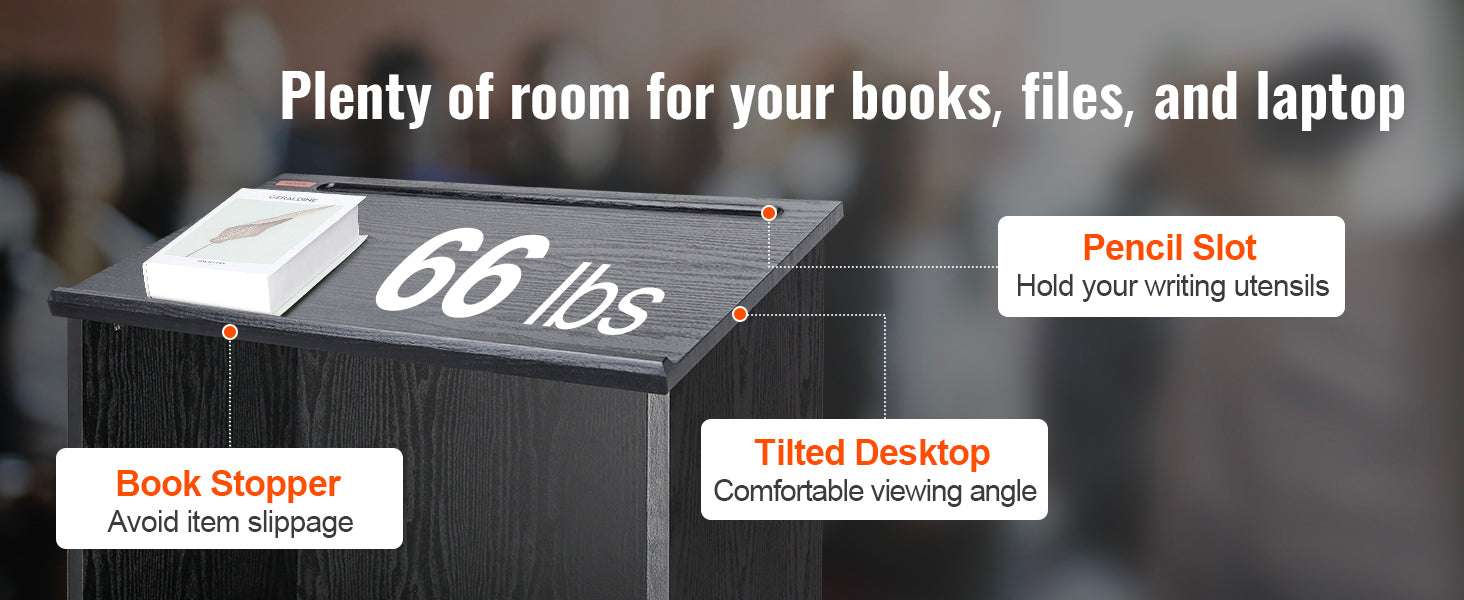 47" Rolling Podium Stand with Shelves and Tilted Desktop-Black / United States