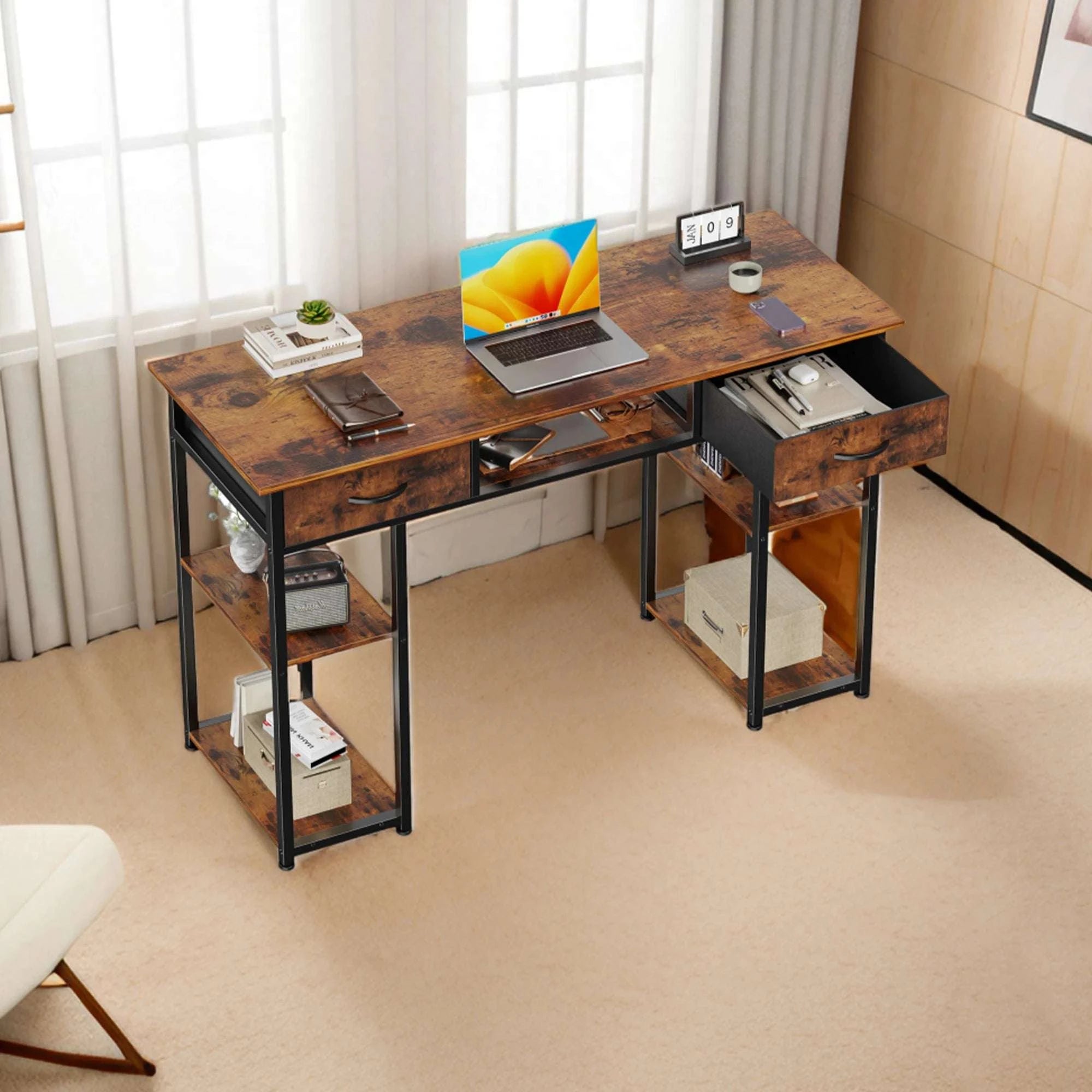 48 Inch Computer Desk with Drawers, Shelves & Keyboard Tray-black / United States