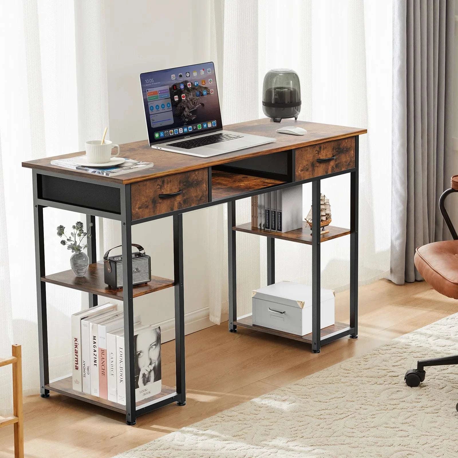 48 Inch Computer Desk with Drawers, Shelves & Keyboard Tray-black / United States