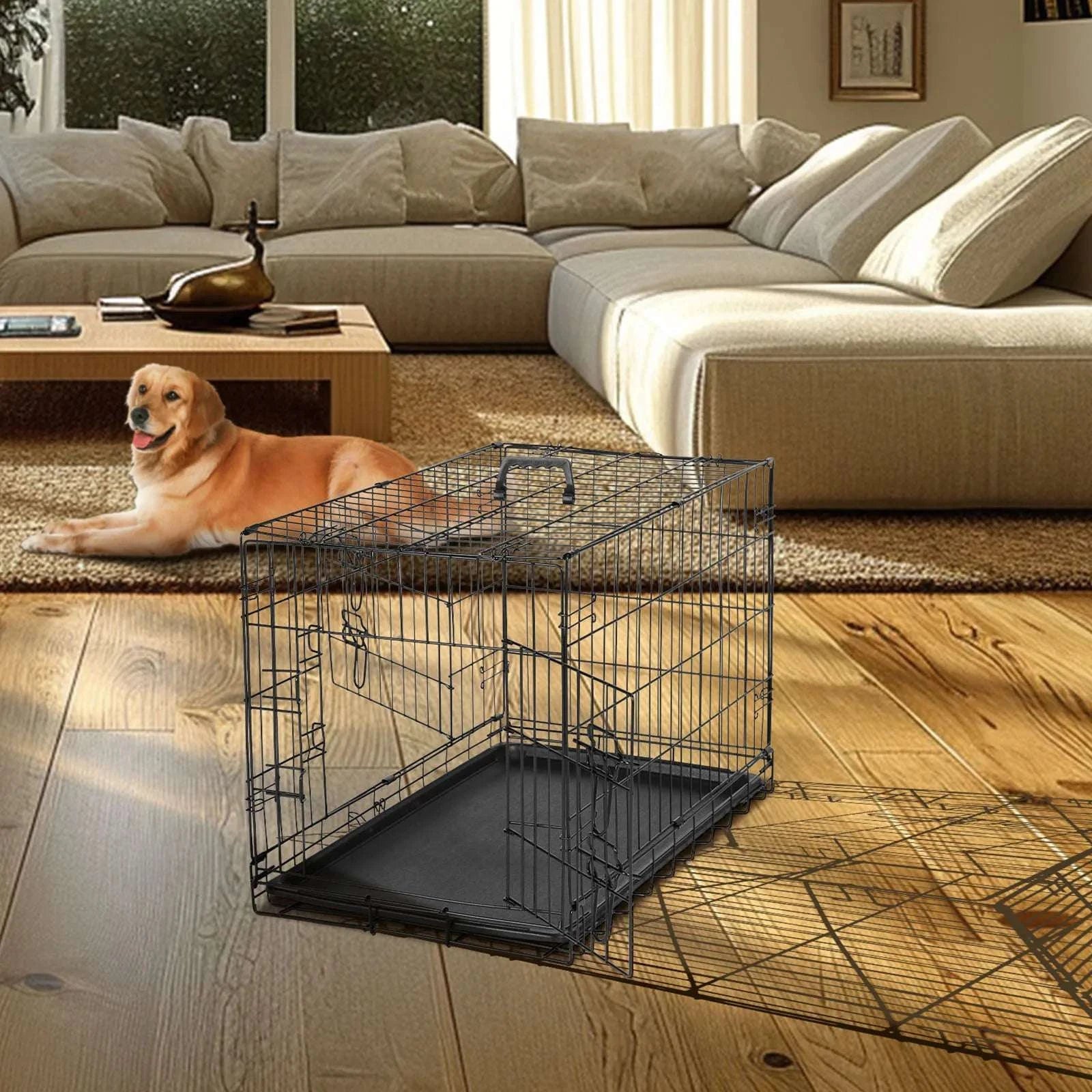 48 Inch Folding Metal Dog Crate with Double Doors & Leak-Proof Tray-black / 36 Inch / United States