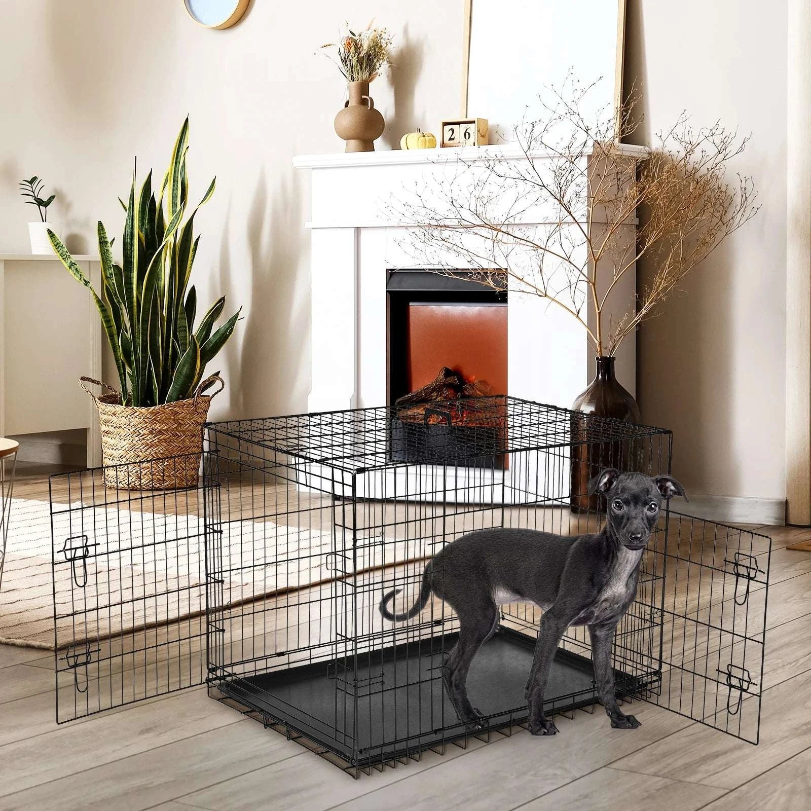 48 Inch Folding Metal Dog Crate with Double Doors & Leak-Proof Tray-black / 36 Inch / United States