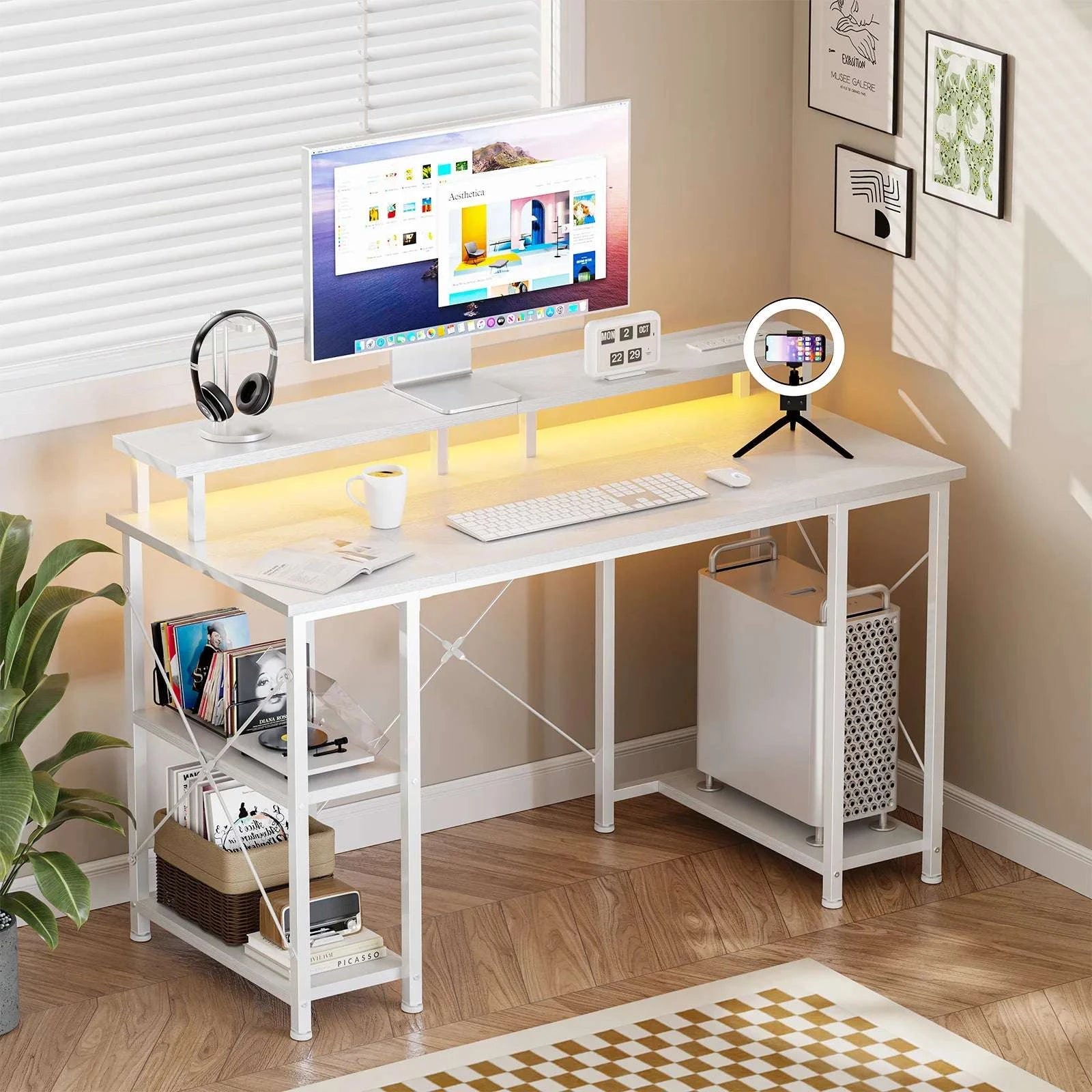 48 Inch Gaming Desk with LED Lights, Power Outlets & Storage-Ivory / United States
