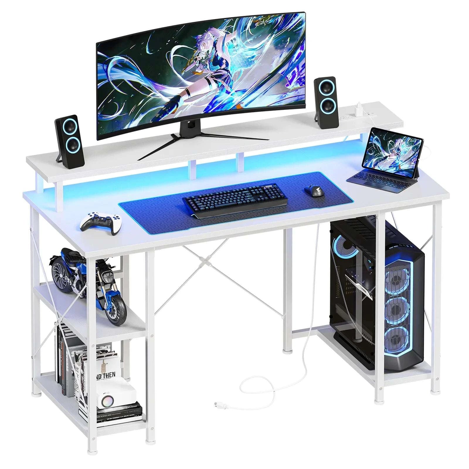 48 Inch Gaming Desk with LED Lights, Power Outlets & Storage-Ivory / United States