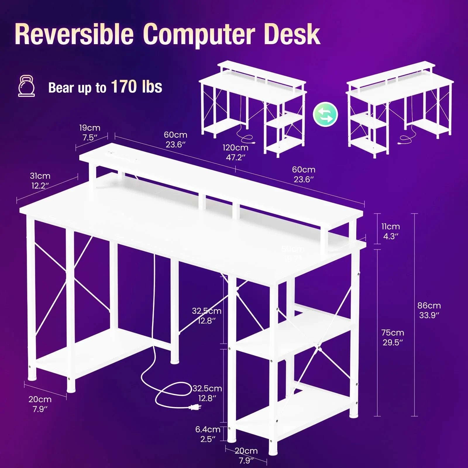 48 Inch Gaming Desk with LED Lights, Power Outlets & Storage-Ivory / United States