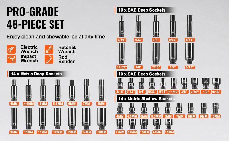 48-Piece Impact Socket Set 1/4" Deep & Shallow CR-MO Steel Kit-48pcs  0.25in / United States