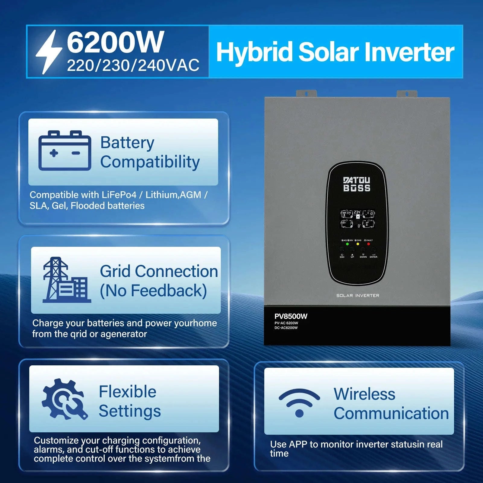 48V 6200W Hybrid Solar Inverter with MPPT Charger, Grid-Connected and Standalone Modes, Anti-Reverse Flow Mechanism-DT-4862S-48V-A-EU / 220-240V / Without Sensor|Poland