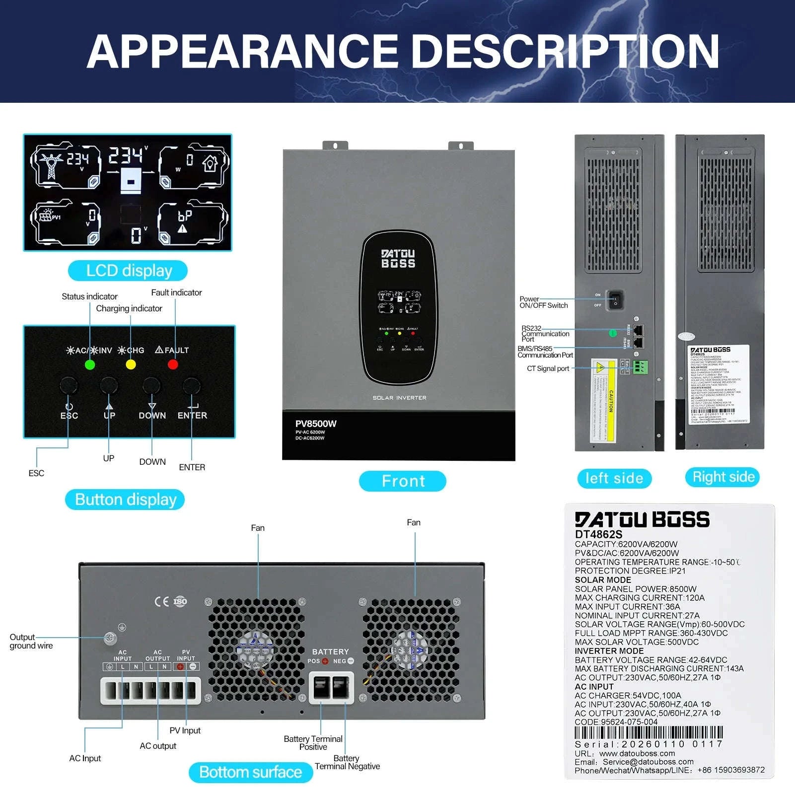 48V 6200W Hybrid Solar Inverter with MPPT Charger, Grid-Connected and Standalone Modes, Anti-Reverse Flow Mechanism-DT-4862S-48V-A-EU / 220-240V / Without Sensor|Poland