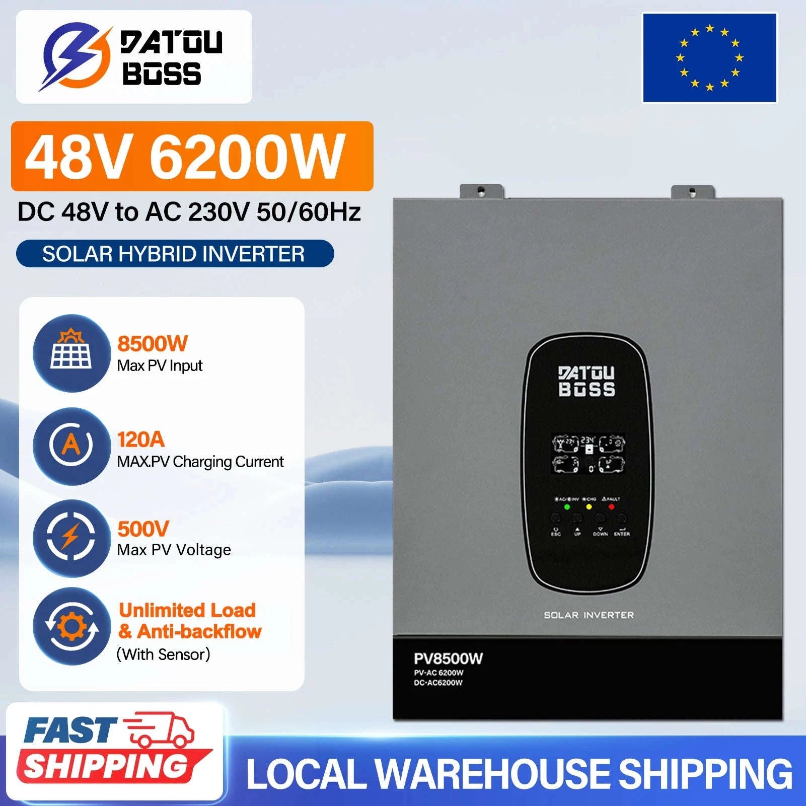 48V 6200W Hybrid Solar Inverter with MPPT Charger, Grid-Connected and Standalone Modes, Anti-Reverse Flow Mechanism-DT-4862S-48V-A-EU / 220-240V / Without Sensor|Poland