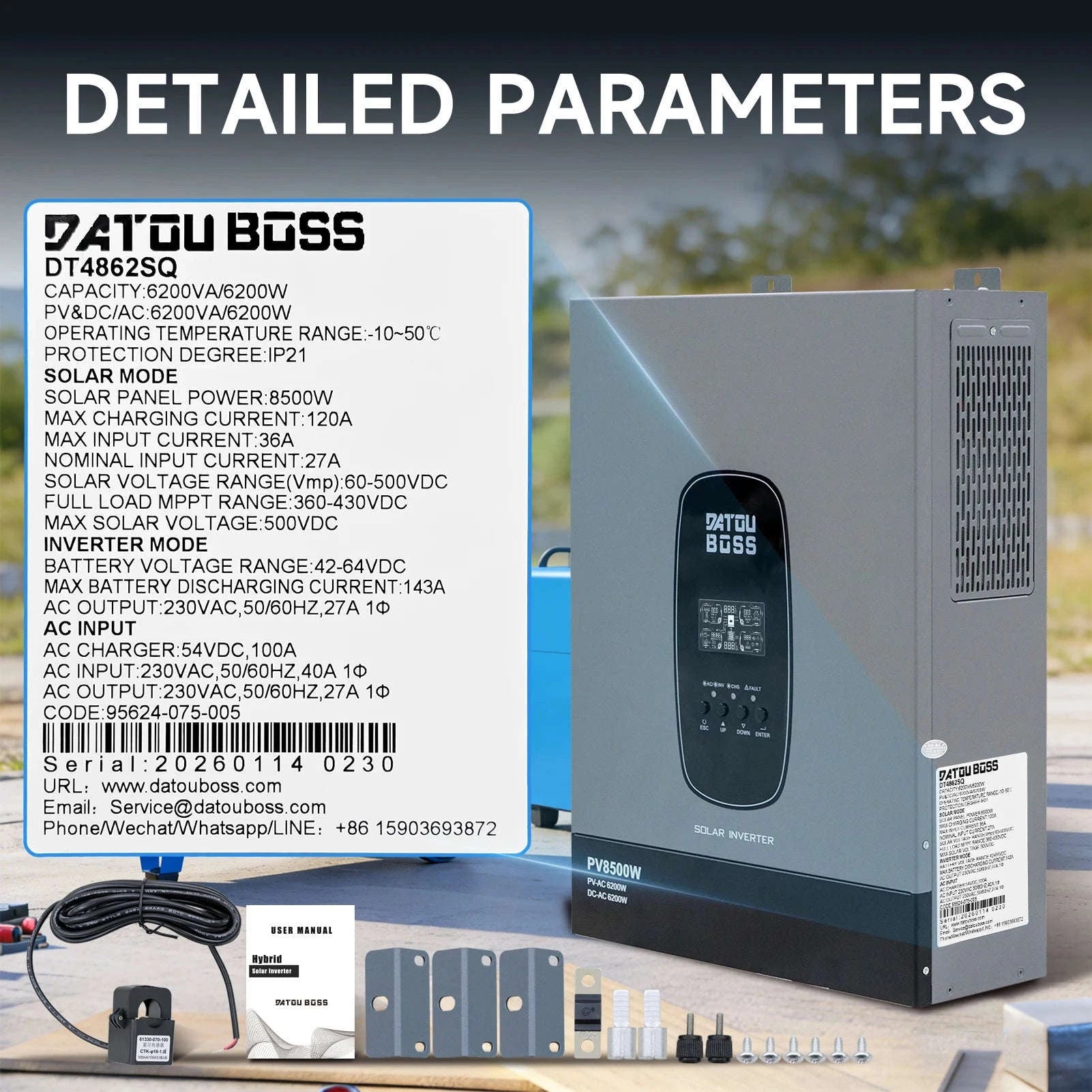 48V 6200W Hybrid Solar Inverter with MPPT Charger, Grid-Connected and Standalone Modes, Anti-Reverse Flow Mechanism-DT-4862S-48V-A-EU / 220-240V / Without Sensor|Poland