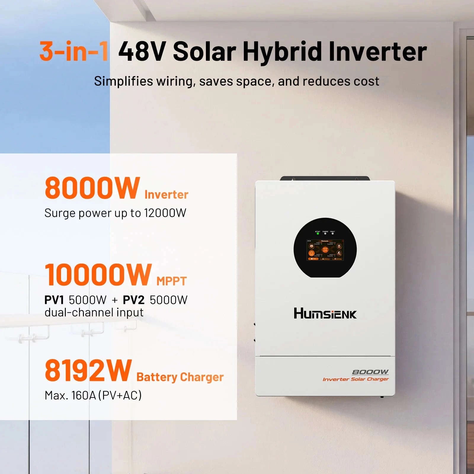 48V 8KW 3-in-1 Solar Hybrid Inverter with Dual MPPT, 120V/240V Split or Single Phase-48V 8KW Inverter / United States