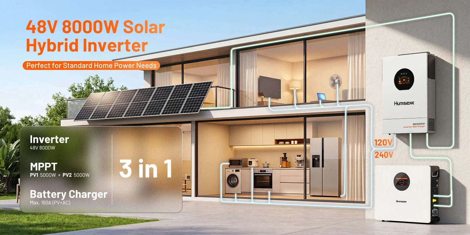 48V 8KW 3-in-1 Solar Hybrid Inverter with Dual MPPT, 120V/240V Split or Single Phase-48V 8KW Inverter / United States