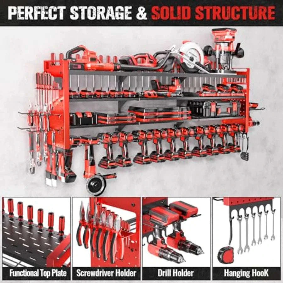 49.8" Wall Mount Power Tool Organizer with 14 Drill Holders-United States / Red / 14DrillsHolder-4Laye