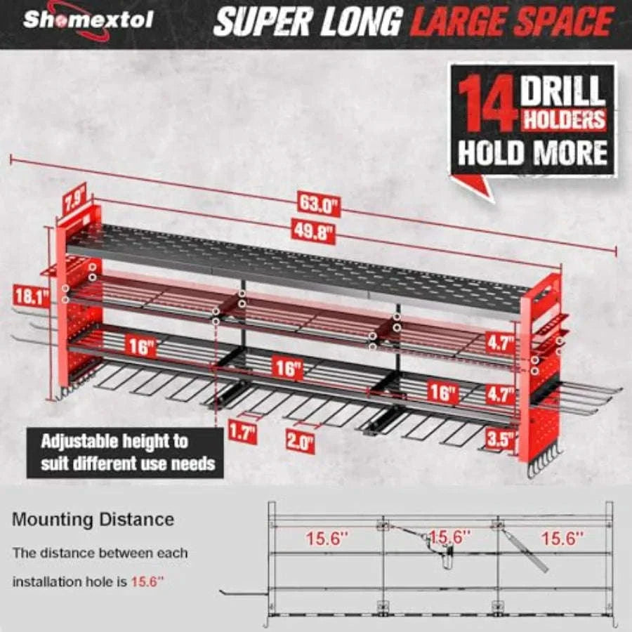 49.8" Wall Mount Power Tool Organizer with 14 Drill Holders-United States / Red / 14DrillsHolder-4Laye
