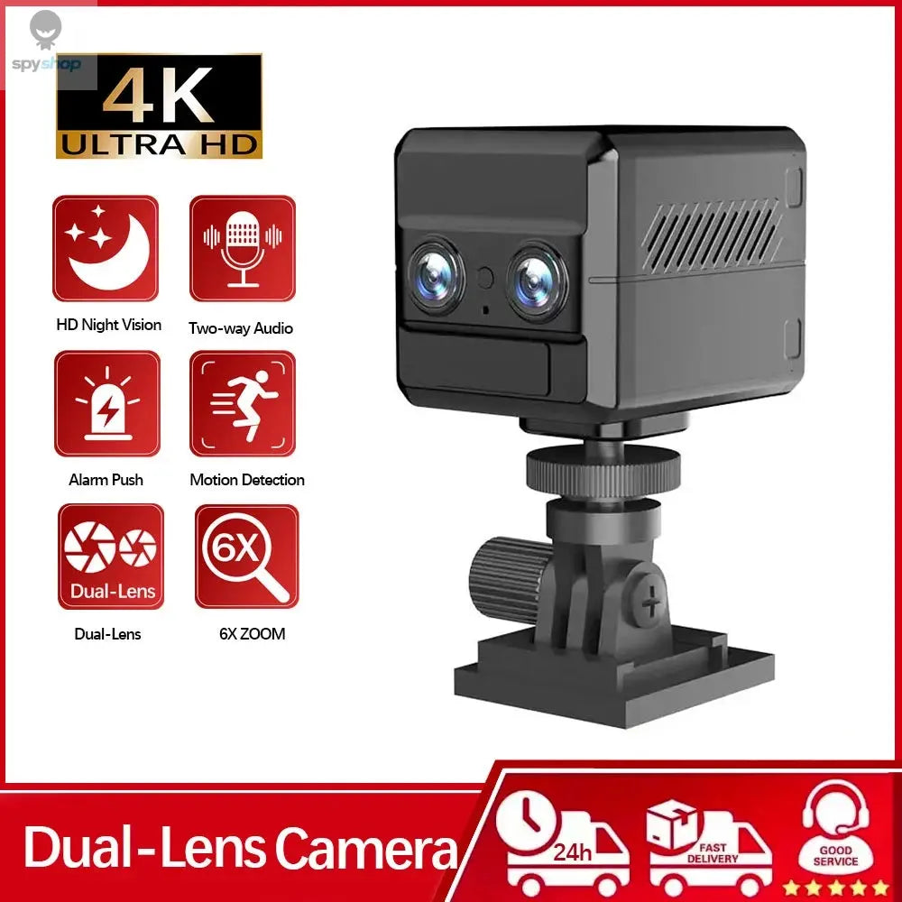 4G Sim Mini 4K Dual-Lens Camera 6X Zoom Motion Detection Night Vision 4000mAh Big Battery Two-Way Intercom Surveillance Spy-shop.com
