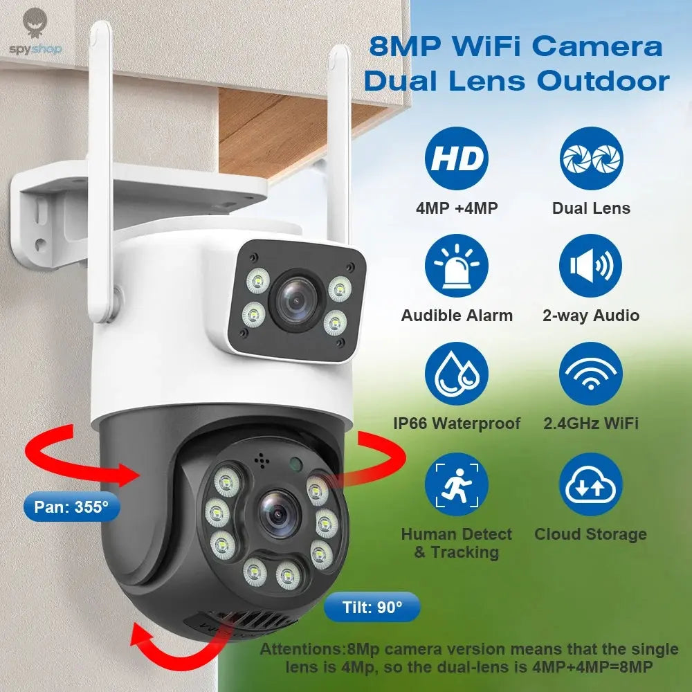 4K 8MP WiFi Surveillance Camera, Dual Lens, 4X Digital Zoom, AI Human Detect, ONVIF, Outdoor Security PTZ IP Cameras Spy-shop.com
